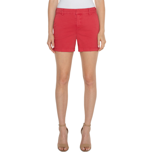 Hannahs Boutique - Erin Ontario - Berry Blossom (Lipstick Red) Kelsey Short: a vibrant addition to summer wardrobe, Trendy colored shorts exude playful, stylish vibe Perfect for casual yet chic ensembles with favorite tee. Features 5-inch inseam, button and hook and eye closure, zip front, belt loops, Practical slant front pockets and back welt pockets. Made from 55% Cotton, 42% Rayon, and 3% Spandex 