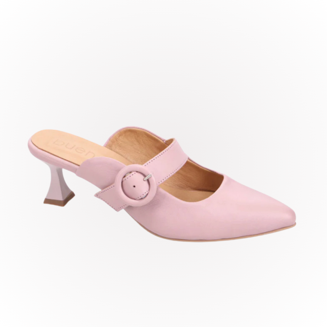 Hannahs Boutique - Erin Ontario - Bueno Shoes - Vida slide/mule. Dusty Mauve Colour. Dolce Vida heels exude retro charm Round buckle adds vintage appeal Kitten heel for subtle height Made of leather: upper, lining, and footbed Heel height: 3.75 inches Leather-covered adjustable buckle Cushioned insole for comfort