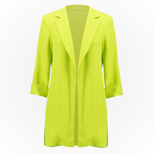 Load image into Gallery viewer, Hannahs Of Erin - Erin Ontario - Joseph Ribkoff -Blazer - Keylime - ChatGPT Meet the Joseph Ribkoff Oversized Longline Blazer – your latest style obsession! Vibrant burst of color designed for those who dare to stand out. Breezy fit and cropped sleeves make it perfect for summer. Crafted with love from 100% Polyester for sleek simplicity. No pockets or zippers for effortless style. Elevate your wardrobe with this runway-worthy statement piece. Don&#39;t miss Style 211361S24 for Spring 2024
