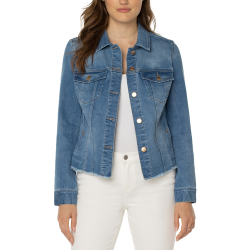 Hannahs Of Erin - Erin Ontario - Clothing Boutique - Liverpool Denim Jacket, Jean Jacket, med wash. A versatile and fashionable jacket with amazing stretch and recovery. Featuring a fray hem and brass hardware, this jacket is a unique item that can pull your outfit together! Two front flap pockets, Side welt pockets, 6-button front closure, Fray hem