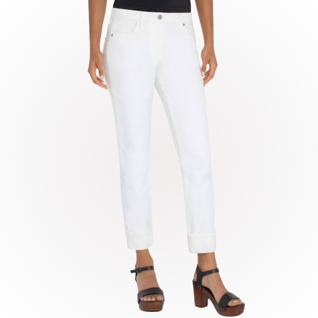 Hannahs Of Erin - Erin Ontario - Liverpool - Marley Girlfriend Jean - Colour White. Exciting news: Marley Girlfriend jeans now come in WHITE! Perfect silhouette with just the right amount of room from mid-thigh to cuffed hem. Super comfortable with amazing stretch. Off-white shade for a chic look. Features mid-rise fit, 27'' rolled or 30'' inseam, and 5-pocket styling. Single logo button closure and belt loops.