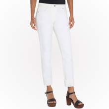Load image into Gallery viewer, Hannahs Of Erin - Erin Ontario - Liverpool - Marley Girlfriend Jean - Colour White. Exciting news: Marley Girlfriend jeans now come in WHITE! Perfect silhouette with just the right amount of room from mid-thigh to cuffed hem. Super comfortable with amazing stretch. Off-white shade for a chic look. Features mid-rise fit, 27&#39;&#39; rolled or 30&#39;&#39; inseam, and 5-pocket styling. Single logo button closure and belt loops. 
