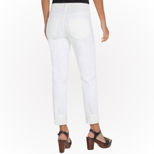 Load image into Gallery viewer, Hannahs Of Erin - Erin Ontario - Liverpool - Marley Girlfriend Jean - Colour White. Exciting news: Marley Girlfriend jeans now come in WHITE! Perfect silhouette with just the right amount of room from mid-thigh to cuffed hem. Super comfortable with amazing stretch. Off-white shade for a chic look. Features mid-rise fit, 27&#39;&#39; rolled or 30&#39;&#39; inseam, and 5-pocket styling. Single logo button closure and belt loops.
