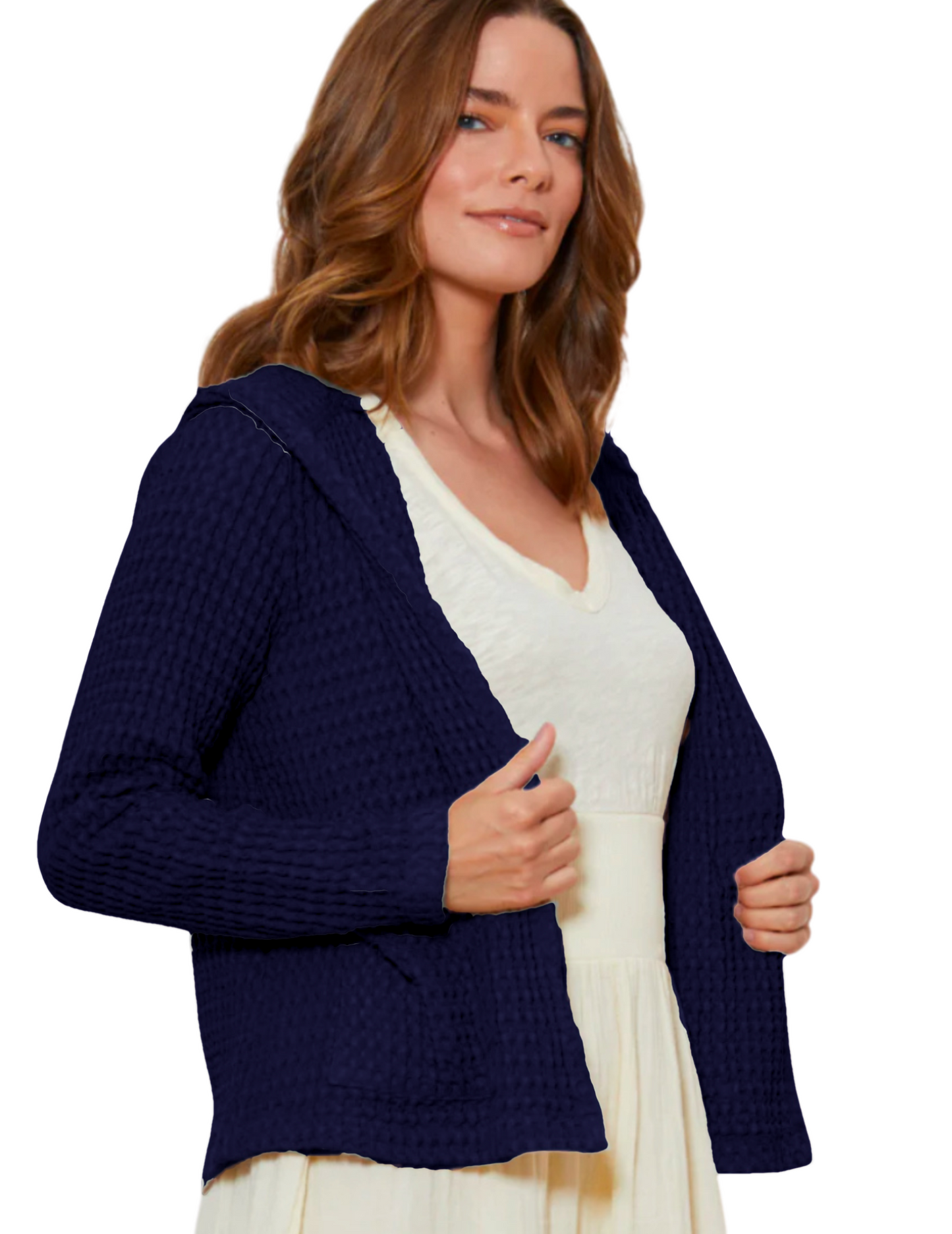 Hannahs_Of_Erin-ErinOntario-ModODoc-Navy_Crop_Cardi-41E-10491 A stylish Signature Waffle Hooded Open-Cardi made from 100% cotton, featuring a soft waffle texture, long sleeves, and a relaxed open-front design with a cozy hood. This versatile cropped cardigan includes functional patch pockets for convenience, making it perfect for layering over any outfit. Available in timeless colors like Raw Oats and Silver Grip, it’s ideal for casual outings or cozy nights in.