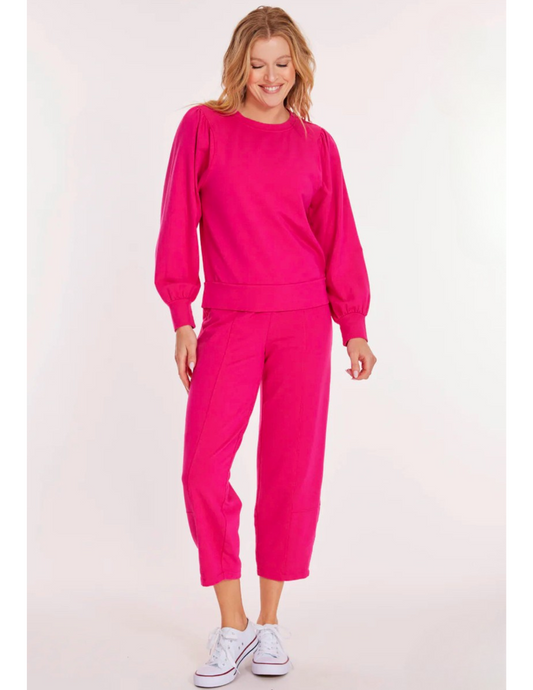 Hannahs Of Erin-Erin Ontario-Mododoc-LanternPant-Electric BerryMod-O-Doc  vibrant pink or lemon-lime color options, featuring a modern tapered lantern silhouette, pull-on design, functional pockets, a stretchy elastic waistband for comfort, and crafted from a breathable 96% cotton and 4% spandex blend.