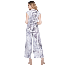 Load image into Gallery viewer, Hannahs Of Erin - Erin Ontario - The Picadilly Jumpsuit is a stunning alternative to a dress. It features a beautiful abstract print, top accentuated with button detail and Tie at waistband, wide leg bottoms, sleeveless with bra friendly straps, pockets. Grey print on white fabric
