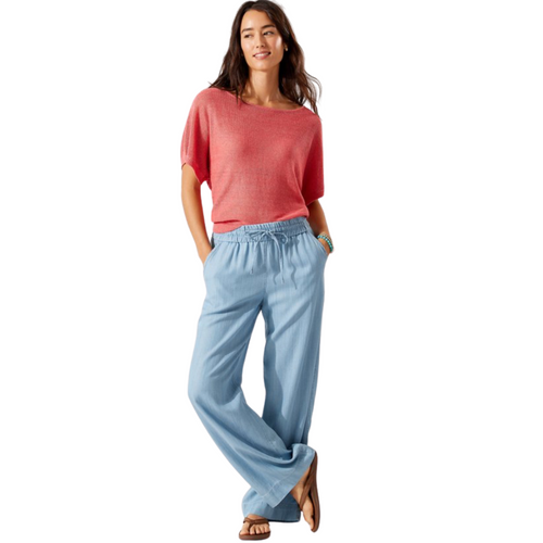 Hannahs Of Erin - Erin Ontario Product: Tommy Bahama All Day Easy Pant SW120941 Features: High-rise, wide-leg design. Relaxed fit with a drawstring waistband. Ensures comfort and versatility for everyday adventures. Material: Made from sustainable fibers, 100% TENCEL™ Lyocell fabric. Color: Elegant chambray blue hue named 