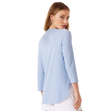 Load image into Gallery viewer, Hannahs Of Erin-Erin Ontario - Tommy Bahama -Ashby 3/4 sleeve Tee - Blue Brand: Tommy Bahama Essential Style: Perfect for summer, great for layering. Design Features: Scoop neckline, shirt-style hemline. Comfortable Fabric: Soft cotton with a relaxed slubbed texture. Casual Appeal: Shirttail hem and ¾-length sleeves for a laid-back feel. Versatility: Ideal for mornings at home and long days in the countryside. Material: Crafted from 100% cotton.
