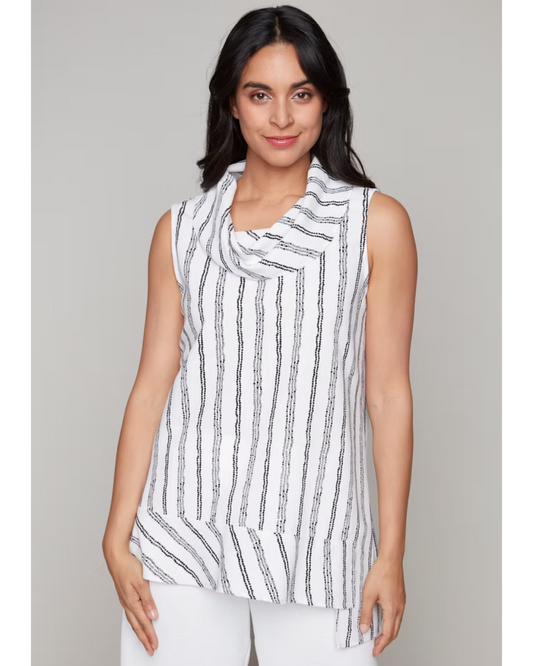 Hannahs Of Erin-Erin Ontario-Compli K-Sleeveless Cowl Neck Tunic
Sleeveless tunic with a soft cowl neckline, featuring black vertical stripes on a crisp white background. Relaxed fit with an asymmetrical hem and mixed stripe directions for added visual interest. Made from lightweight woven fabric that drapes softly and offers breathable comfort