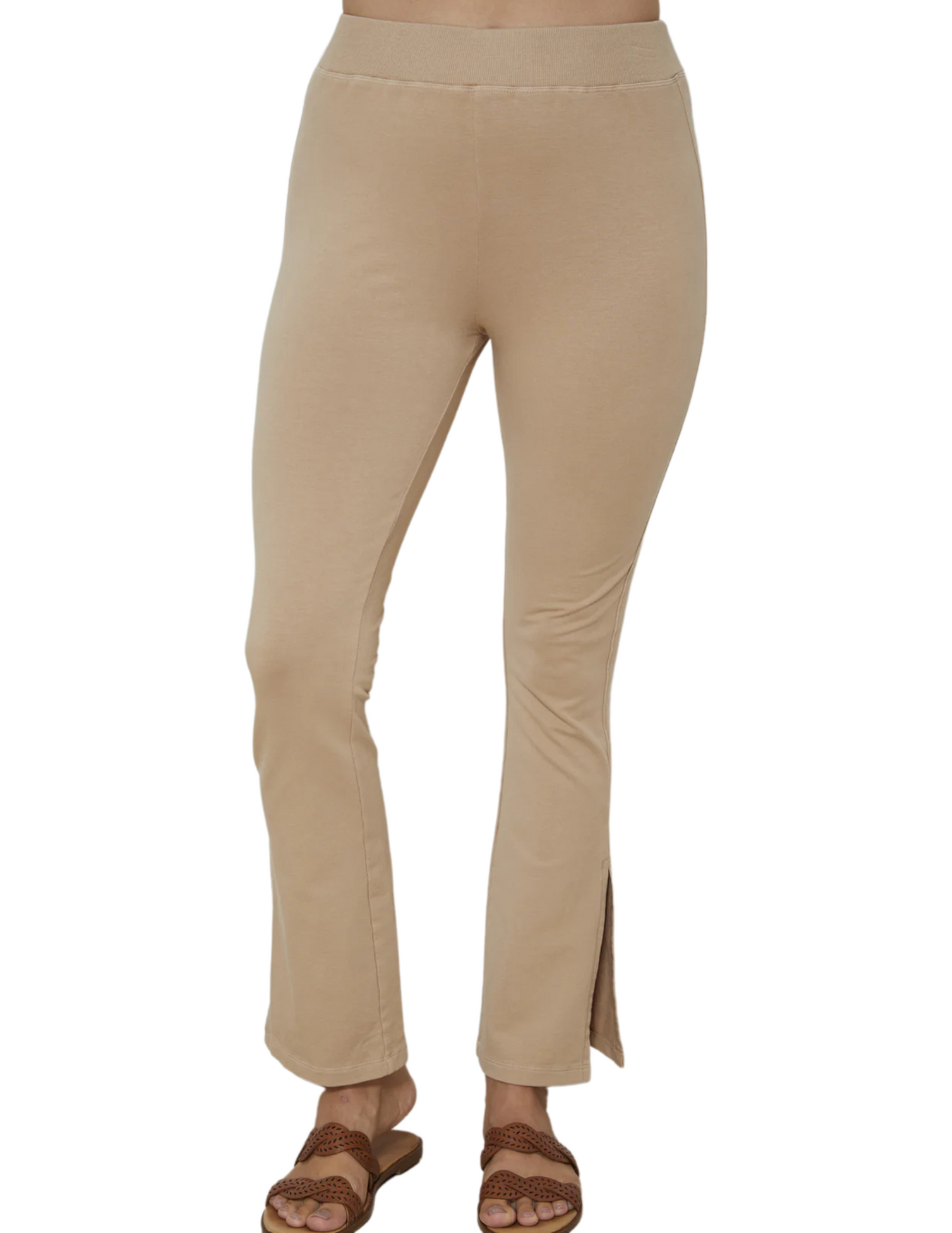 Hannahs Of Erin-Erin Ontario-Mod O Doc-Flared Hem Jeggings-41E-99242 available in neutral Raw Oats and classic White, featuring a subtle flared hem with a chic small slit and functional back pockets for added versatility. Designed with a flattering mid-rise fit, these jeggings combine timeless style and practicality. Crafted from lightweight French terry fabric, 96% cotton and 4% spandex, they offer unbeatable softness, stretch, and all-day comfort. Perfect for pairing with any top or footwear