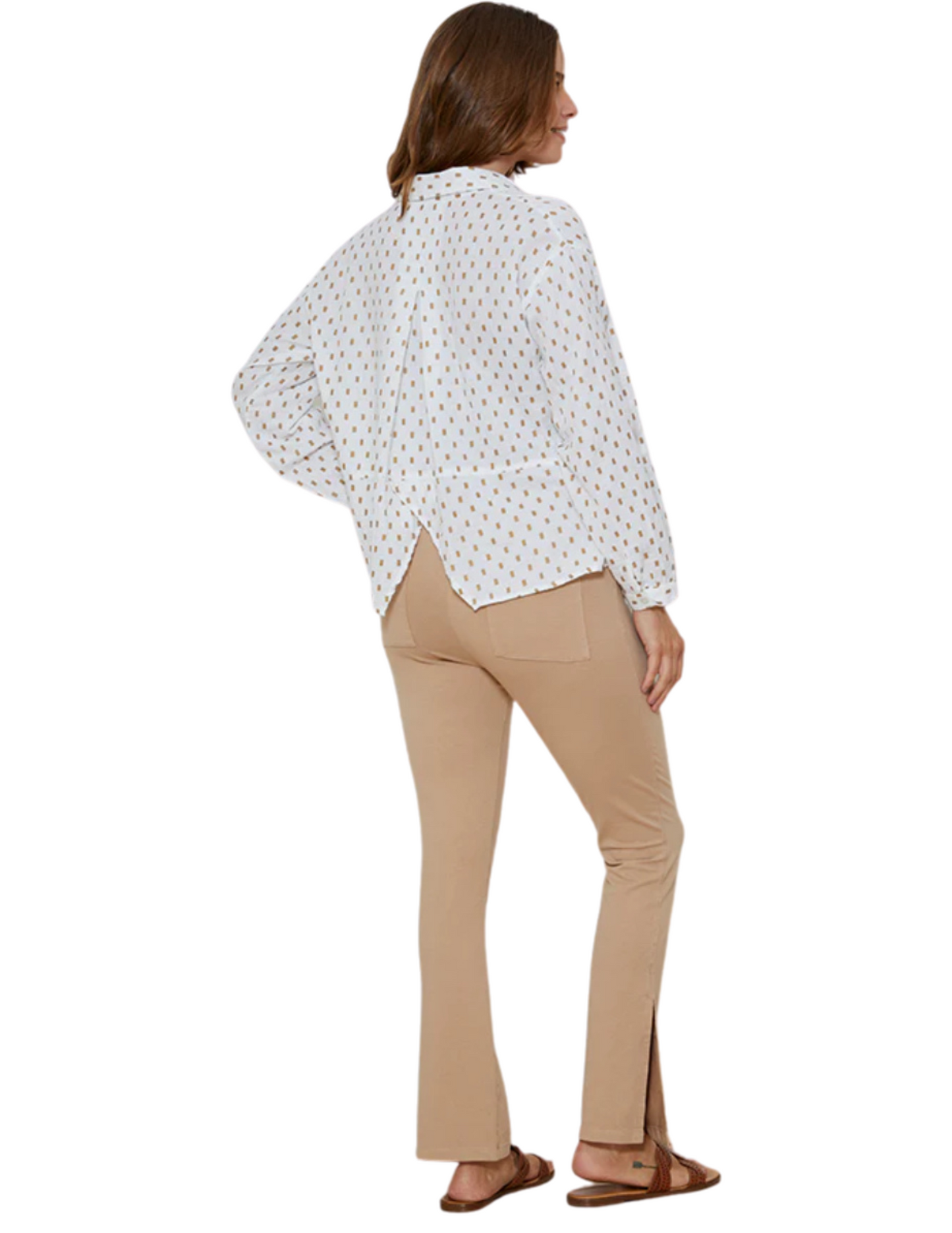 Hannahs Of Erin-Erin Ontario-Mod O Doc-Flared Hem Jeggings-41E-99242 available in neutral Raw Oats and classic White, featuring a subtle flared hem with a chic small slit and functional back pockets for added versatility. Designed with a flattering mid-rise fit, these jeggings combine timeless style and practicality. Crafted from lightweight French terry fabric, 96% cotton and 4% spandex, they offer unbeatable softness, stretch, and all-day comfort. Perfect for pairing with any top or footwear