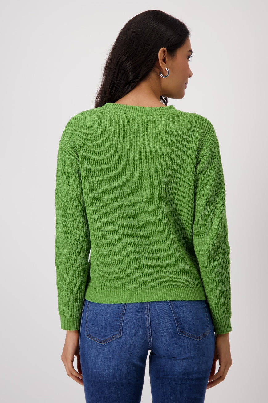 Hannahs Of Erin-Erin Ontario-Monari summer chenille knitted pullover-green. in half-cardigan stitch with ribbed round neckline, long raglan sleeves, and ribbed cuffs. A light, airy knit in a relaxed fit, perfect for chic layering and transitional styling