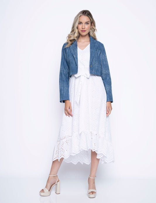 Hannahs Of Erin-Erin Ontario-Womans Clothing Boutique-Picadilly-GM629-Sleeveless Eyelet V-Neck Dress in ethereal white, crafted from breathable eyelet cotton. Features a V-neckline, waist-defining belt, flowing A-line silhouette, high-low hemline, and lightweight design for warm weather. Midi length.