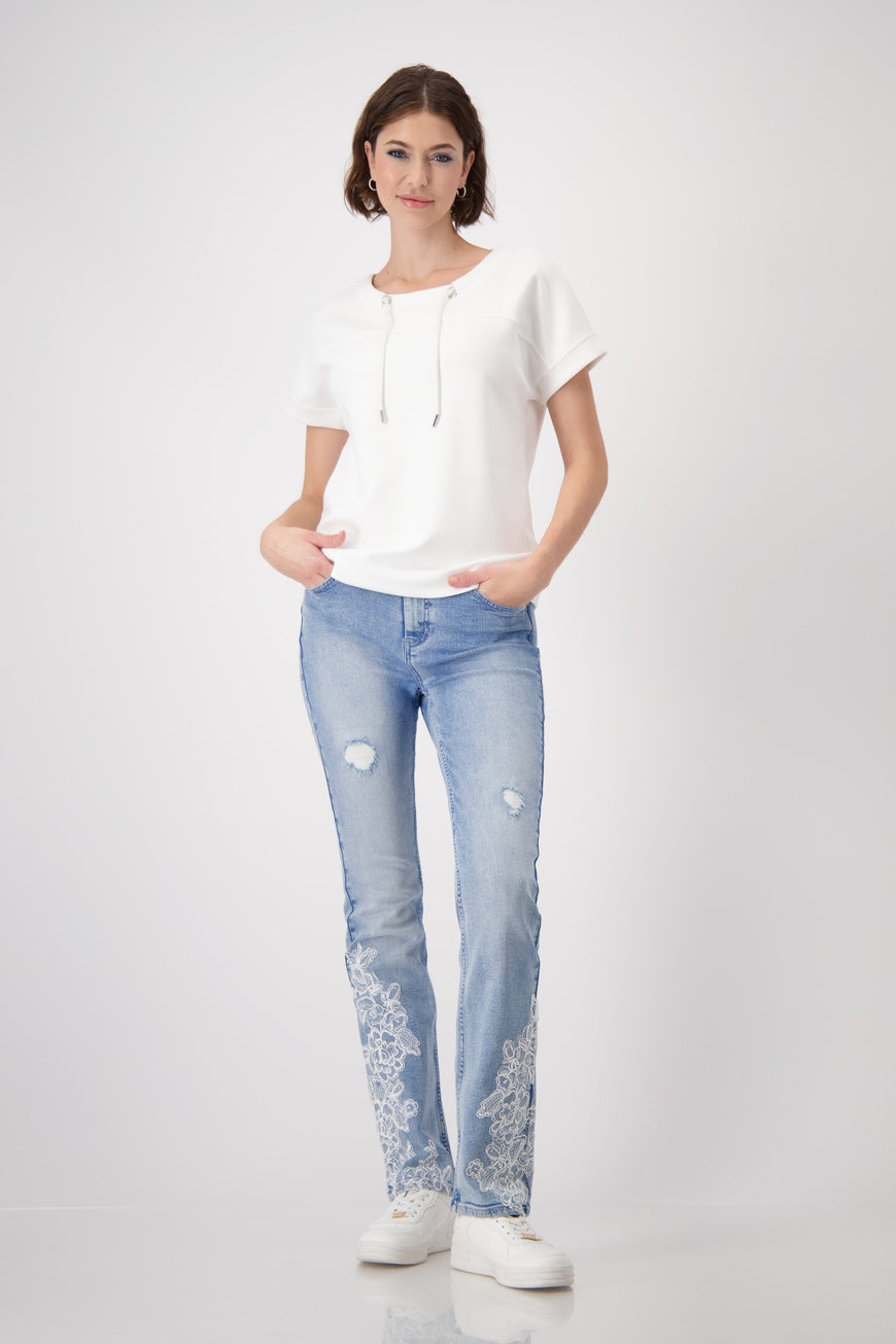 Hannahs_Of_Erin-Erin_Ontatio-Monari-S_S_BANU_SWEAT_SHIRT-white. Monari soft-touch sweatshirt in stretch modal blend, featuring a stand-up collar with metal grommet drawstring, short dropped sleeves, and a relaxed silhouette