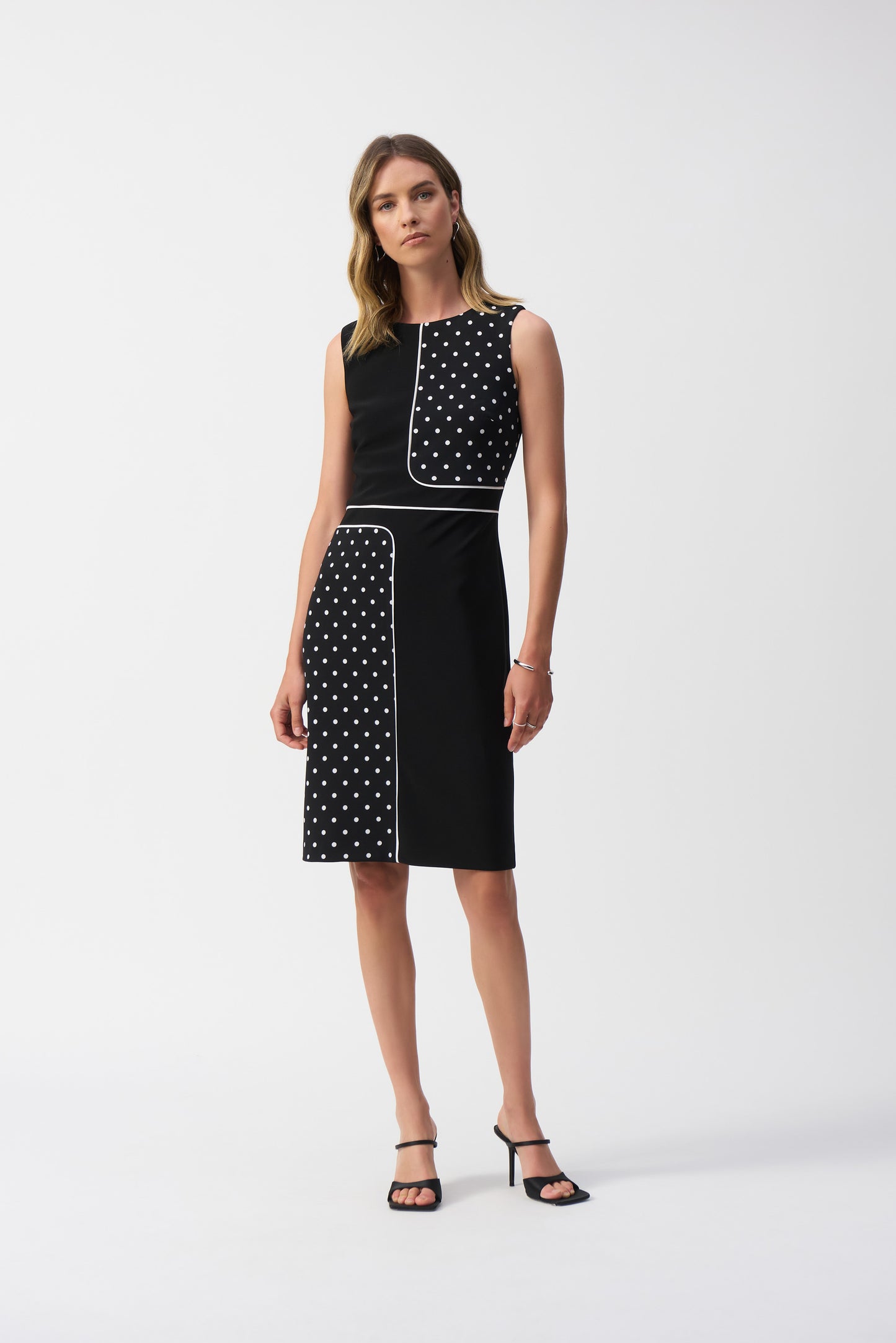 Hannahs Of Erin- Erin Ontario-Joseph Ribkoff Polka Dot Dress (Style 251094)
Timeless black-and-white polka dot design
Tailored fit enhances and flatters the silhouette
Contrast piping adds a modern, polished touch
Made from 96% polyester, 4% spandex for comfort and easy care
Lightweight, wrinkle-resistant fabric with a beautiful drape
Proudly made in Canada with high-quality craftsmanship
– dress up with heels or keep it casual with sneakers
Perfect for work, brunch, or evening outings
Hidden Back Zipper