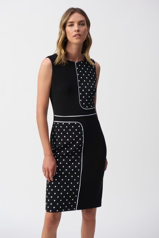 Hannahs Of Erin- Erin Ontario-Joseph Ribkoff Polka Dot Dress (Style 251094)
Timeless black-and-white polka dot design
Tailored fit enhances and flatters the silhouette
Contrast piping adds a modern, polished touch
Made from 96% polyester, 4% spandex for comfort and easy care
Lightweight, wrinkle-resistant fabric with a beautiful drape
Proudly made in Canada with high-quality craftsmanship
– dress up with heels or keep it casual with sneakers
Perfect for work, brunch, or evening outings
Hidden Back Zipper