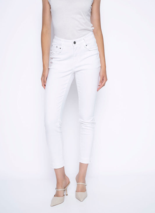 Hannahs Of Erin- Erin Ontario-Picadilly- White frayed edge denim jeans, slim-leg fit, high-waisted design, tummy control, zip closure, belt loops, frayed ankle hems, ankle-length cut, 98% cotton, 2% spandex, soft and breathable fabric, 5-pocket styling, fly front, modern edge, casual or chic style, versatile wear, perfect for casual outings or dressing up with heels, contemporary design, flattering and comfortable fit, high rise, made with high-quality materials for durability and style.