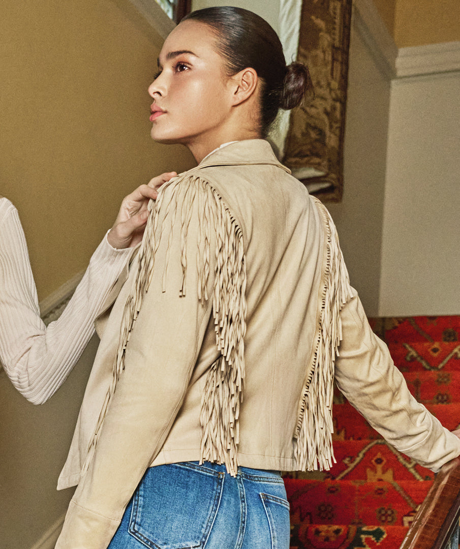Beige fringe jacket clearance