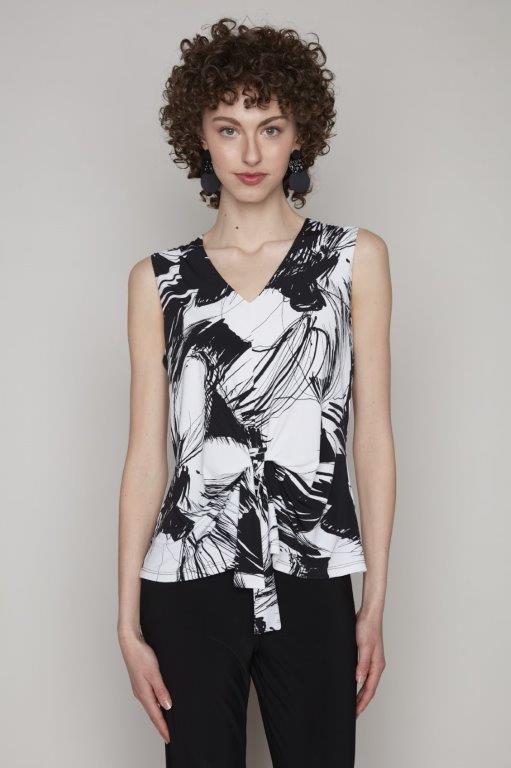 Hannahs Of Erin| Erin Ontario|Compli K| Abstract Print Knot Detail Sleeveless Top|33939. Sleeveless V-neckline top featuring a black and white abstract print, trendy knot detail, and a hip-length, regular-fit silhouette.