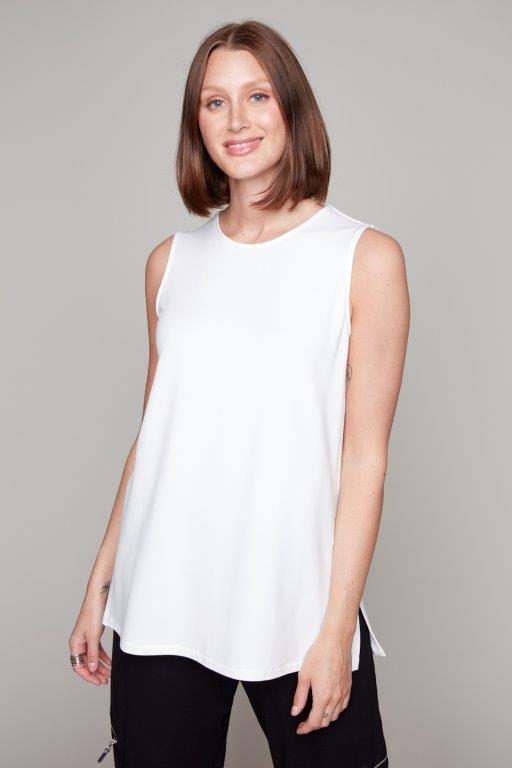 Hannahs Of Erin|Erin Ontario|Compli K|White sleeveless pullover| 33535 with a crew neckline, hip-length silhouette, practical pockets, and a loose fit—crafted from a soft bamboo, viscose, and spandex blend for comfort and versatility.