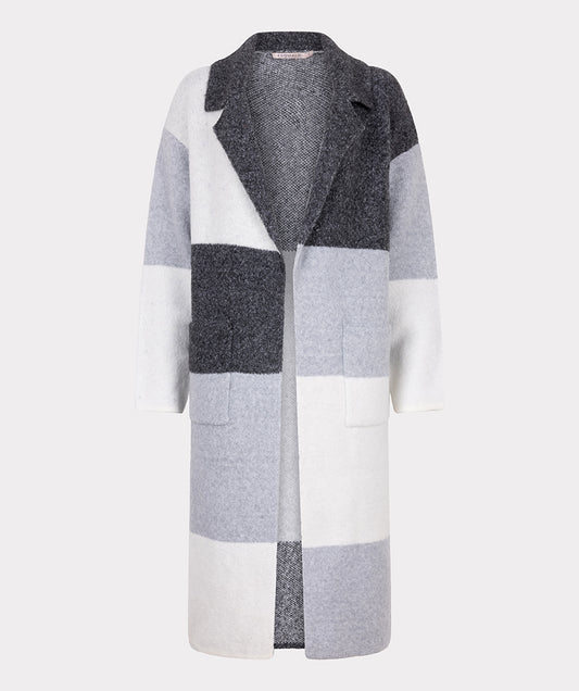 Hannahs Of Erin | Erin Ontario | Esqualo jacquard longline cardigan in grey, charcoal, and white colour-blocked pattern. Features an open front, patch pockets, and fine knit fabric with relaxed, fluid drape. Styled for layering over workwear or casual ensembles.