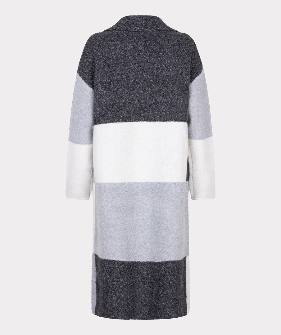 Hannahs Of Erin | Erin Ontario | Esqualo jacquard longline cardigan in grey, charcoal, and white colour-blocked pattern. Features an open front, patch pockets, and fine knit fabric with relaxed, fluid drape. Styled for layering over workwear or casual ensembles.