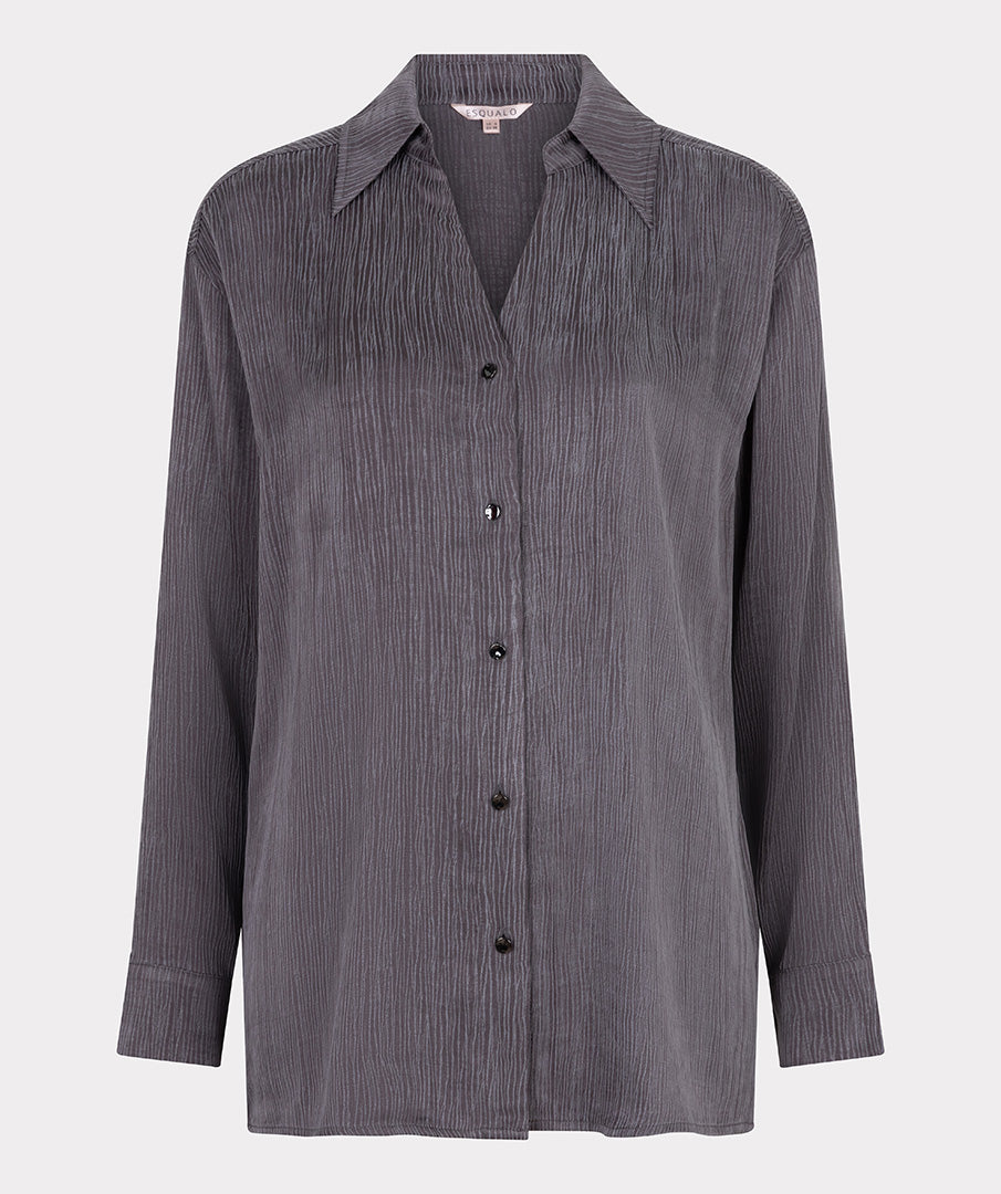 Hannahs Of Erin | Erin Ontario | Esqualo textured button-down blouse in deep charcoal grey, featuring a classic collar, long sleeves with buttoned cuffs, and a relaxed, fluid silhouette. Lightweight fabric with subtle texture, styled for workwear or evening elegance.