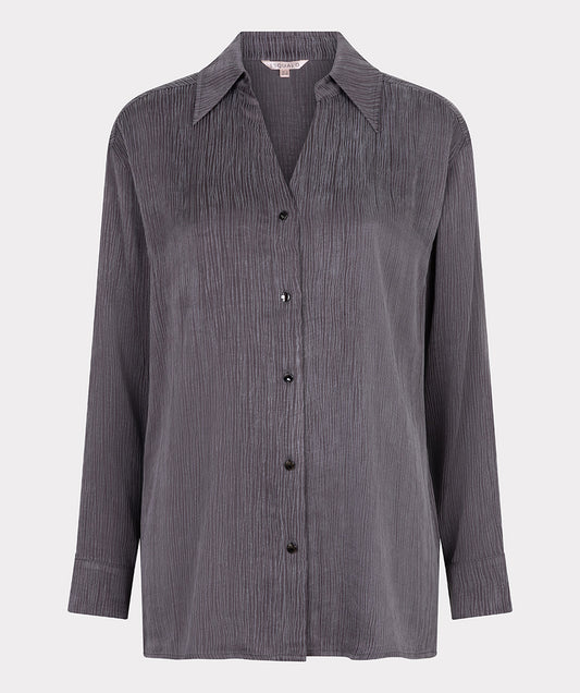 Hannahs Of Erin | Erin Ontario | Esqualo textured button-down blouse in deep charcoal grey, featuring a classic collar, long sleeves with buttoned cuffs, and a relaxed, fluid silhouette. Lightweight fabric with subtle texture, styled for workwear or evening elegance.