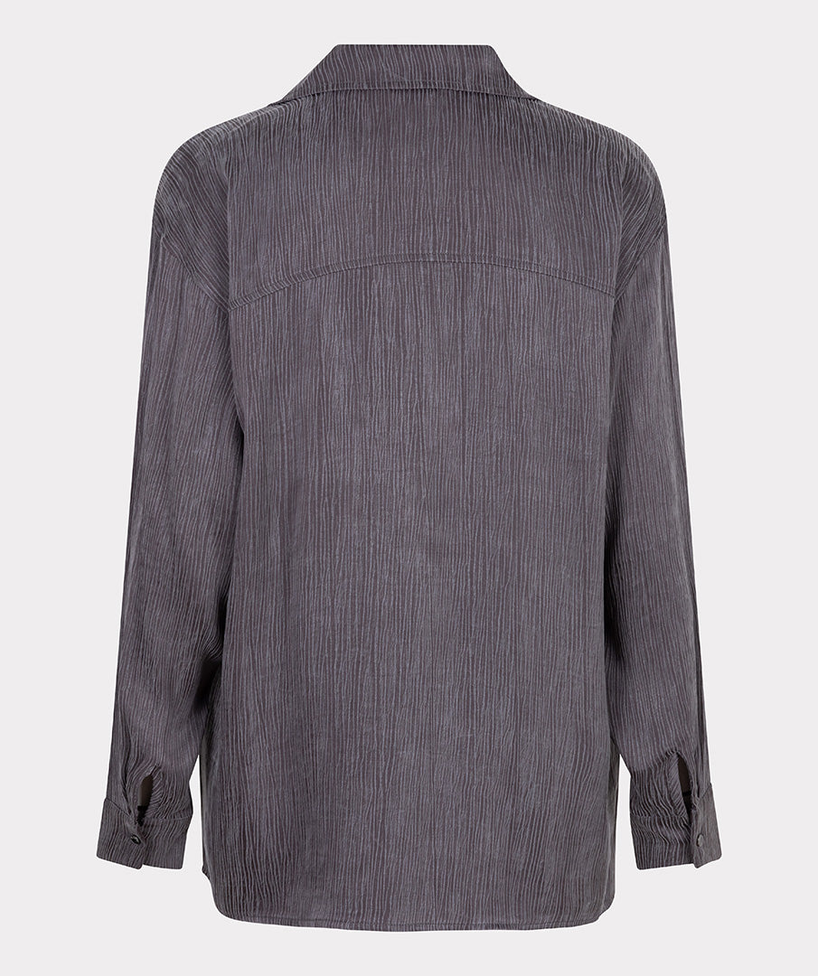 Hannahs Of Erin | Erin Ontario | Esqualo textured button-down blouse in deep charcoal grey, featuring a classic collar, long sleeves with buttoned cuffs, and a relaxed, fluid silhouette. Lightweight fabric with subtle texture, styled for workwear or evening elegance.