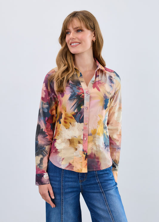 Hannahs Of Erin| Erin Ontario | FDJ | Original Canadian Artist Print Shirt | button-front women’s shirt featuring an exclusive autumnal print by a Canadian artist, with a button front, split neck and classic collar, long sleeves, and a flattering 25-inch length. Made from soft, breathable cotton with stretch for comfort.