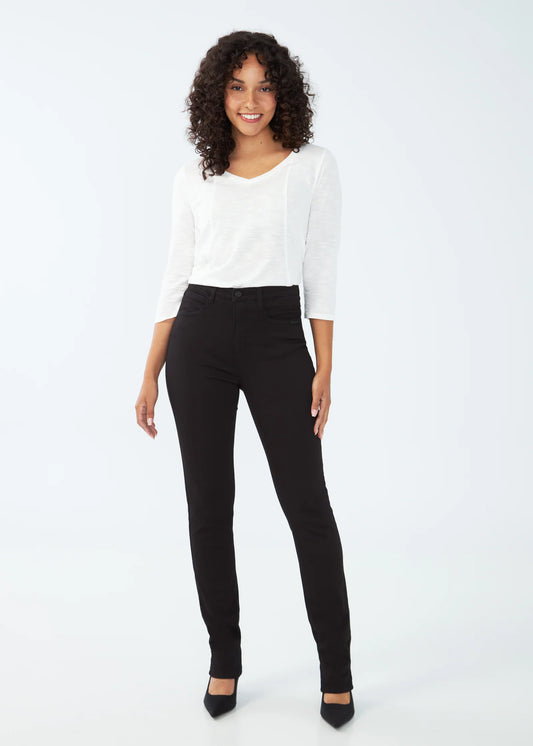 Hannahs Of Erin |Erin Ontario|FDJ| Petite Suzanne Straight Leg Jeans| women’s black jeans in Onyx. Denim featuring high-rise 10.5" rise, 30" inseam, straight leg cut, five-pocket styling, fly front closure, crafted from a cotton, polyester, modal, rayon, and Lycra blend for stretch and comfort.