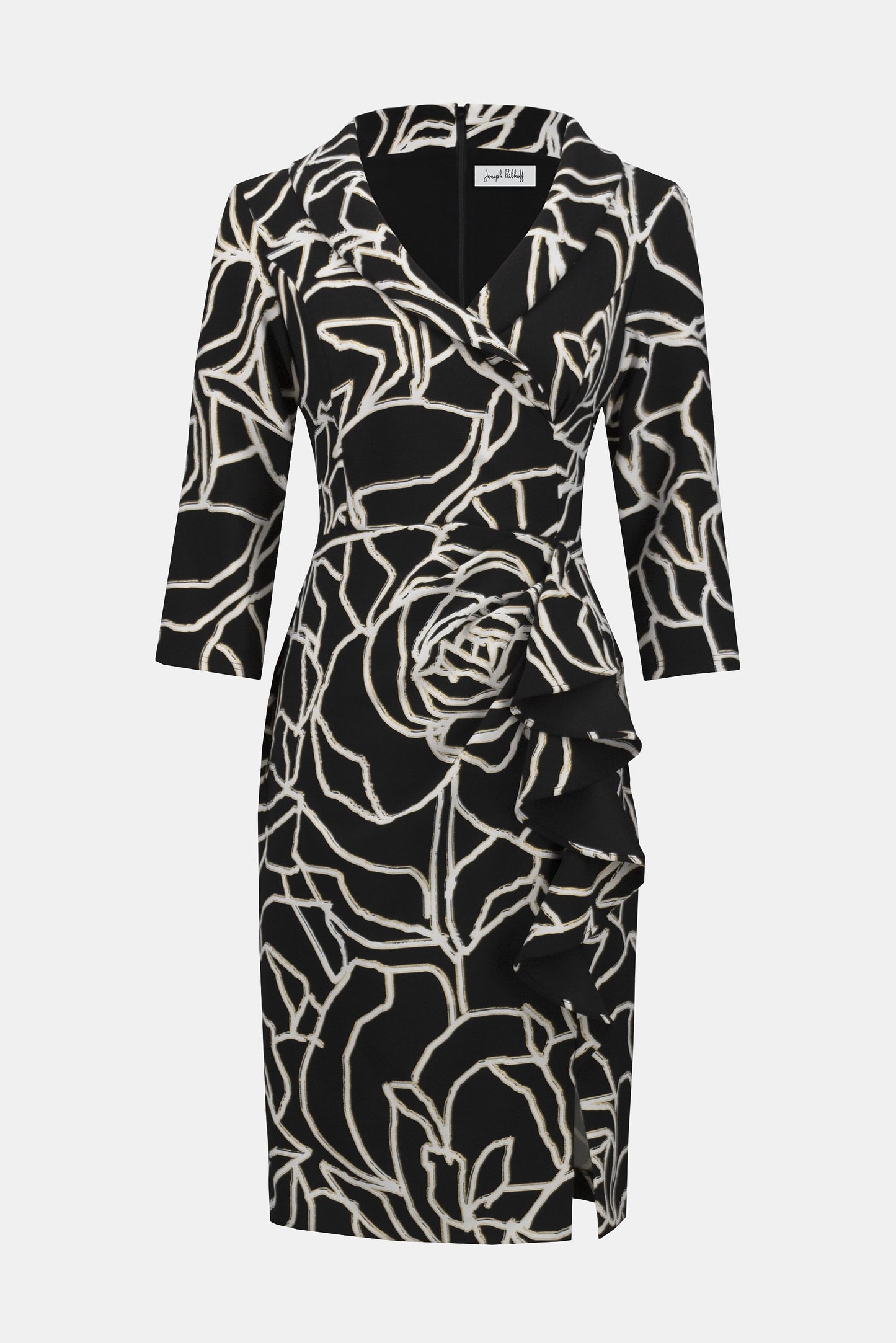 Hannahs Of Erin | Erin Ontario | Joseph Ribkoff | Signature | Lux Twill Foiled Floral Sheath Dress|
Foiled lux twill fabrication
Shimmering floral print
Portrait collar neckline
Three-quarter length sleeves
Front pleats with draped cascade slit
Invisible back zipper.