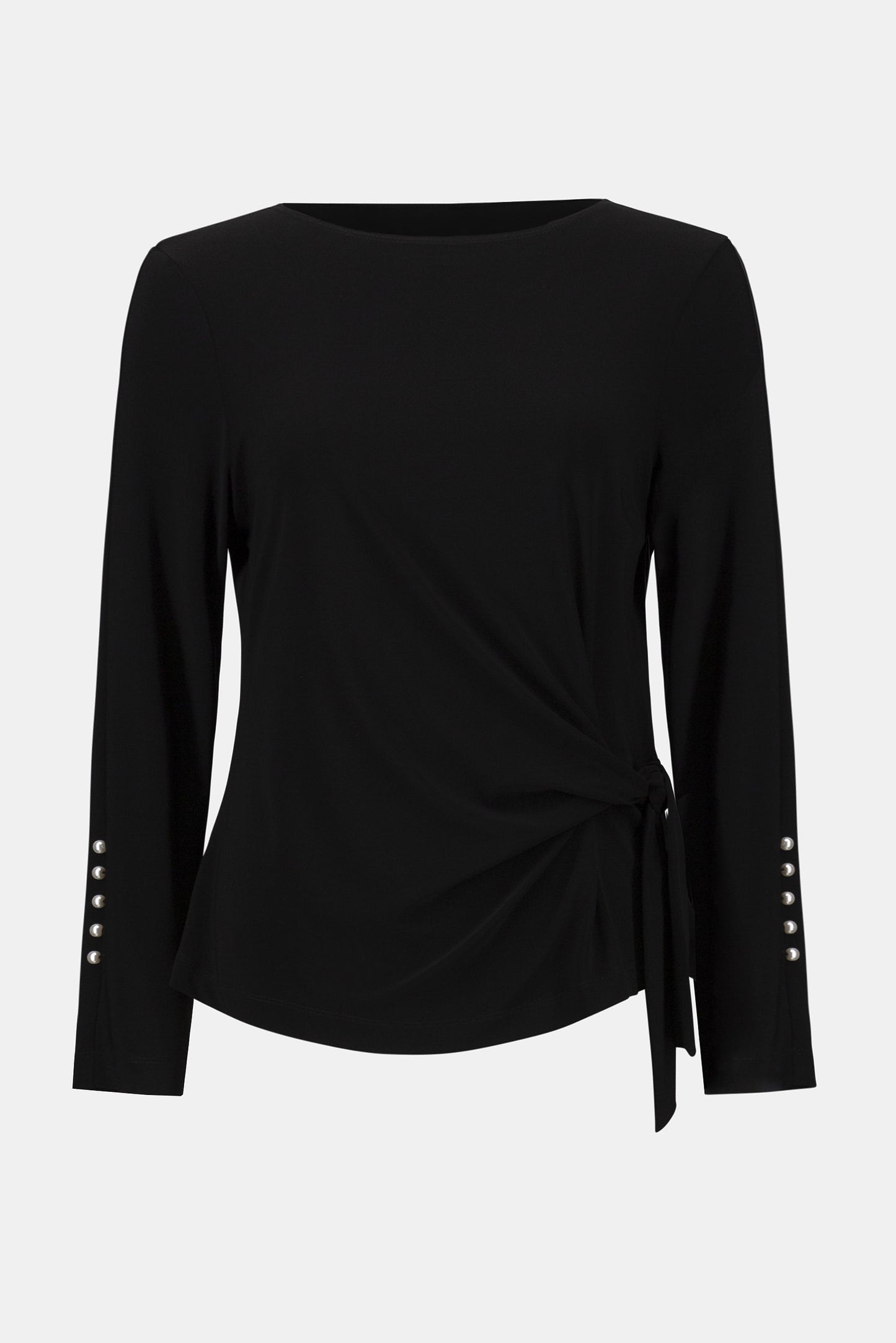 Hannahs Of Erin | Erin Ontario | Joseph Ribkoff | Silky Knit Fitted Top – Black
Joseph Ribkoff Silky Knit Fitted Top in black, tailored silhouette with chic boat neckline, long sleeves accented by pearl button detailing, and a side waist tie for a romantic finish. Crafted from silky knit fabric for a smooth, elegant drape.