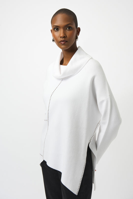 Hannahs Of Erin | Erin Ontario| Joseph Ribkoff | Sweater Knit Asymmetrical Pullover. Colour Vanilla 
25% Polyester, 25% Polyamide, 50% Viscose rayon
Sweater knit
Cowl neck
Long straight sleeves
Iron-on detailing
Unlined