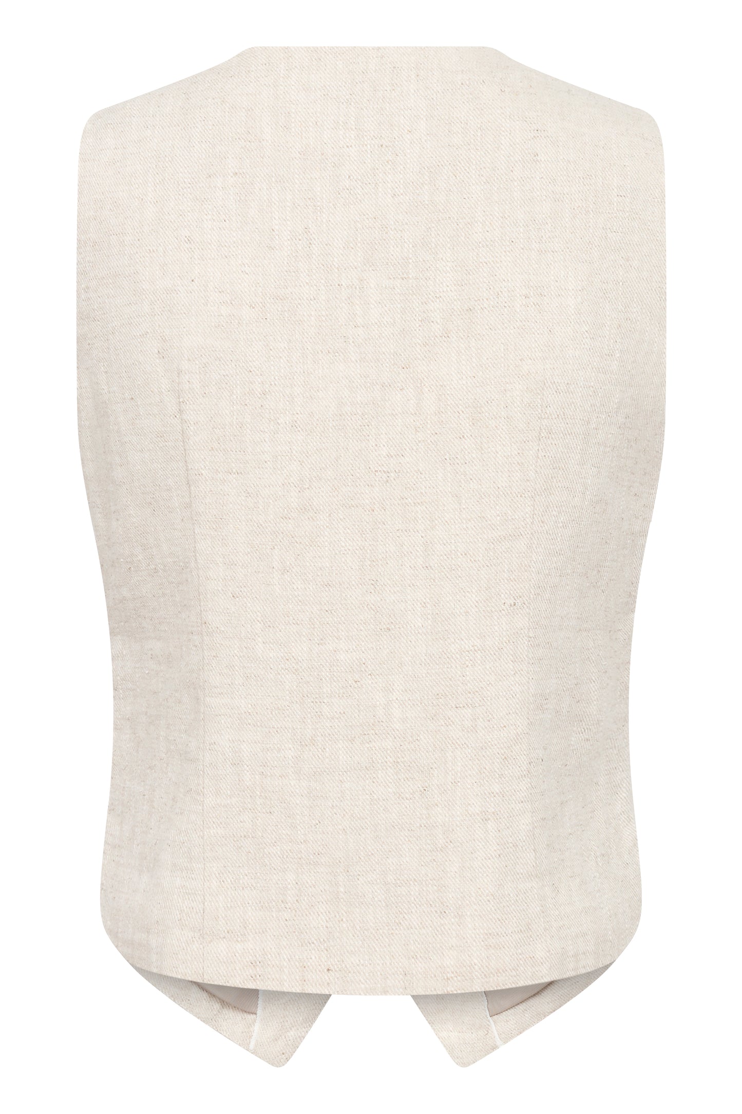 Hannahs Of Erin- Erin Ontario-Part Two-Nadhia|Button Front|Waistcoat| 3030-9387| Colour Oat. A sleeveless waistcoat featuring a button-up front with marbled tortoiseshell buttons, a flattering V-neckline with a sharply pointed hem, two subtle welt pockets, and a lightweight, softly structured fabric blend of 45% ramie, 31% cotton, and 24% linen, designed for a tailored, body-skimming fit.