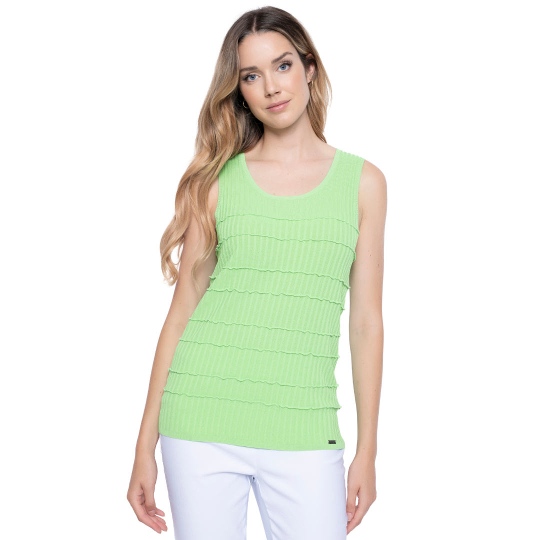 Hannahs Of Erin - Erin Ontario -Apple Coloured Knit Tank Top. Picadilly Knit Tank Top Vibrant green color Scoop neckline Sleeveless Knit texture Offers extra texture, style, and fresh colour