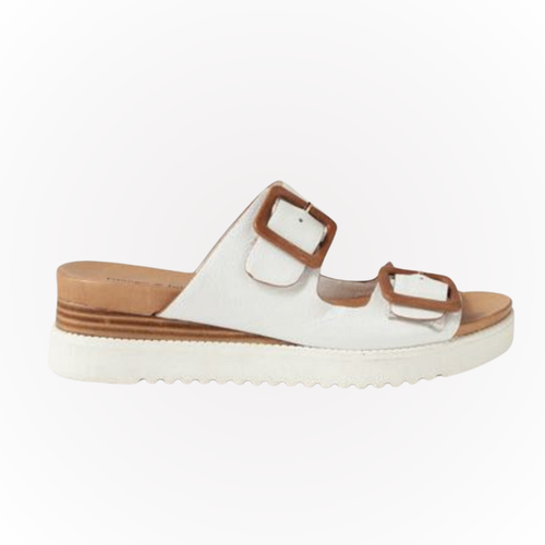 Hannahs Boutique - Erin Ontario - Django & Juliette - Alphie Slides - Wedge Sandal, Color combination: Timeless White & Tan white upper, tan buckles, tan footbed, white sole. Material: Crafted from leather for durability and sophistication Suitable for: Casual wear during warm weather Convenience: Provides slip-on style for effortless summer outfits
