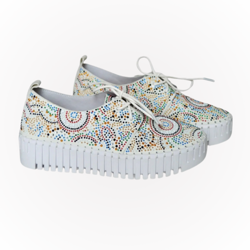 Hannahs Boutique - Erin Ontario - Django & Juliette - Birming Sneaker - Style: Django & Juliette's Birming lace-up sneaker Features: colourful beaded pattern  on white suede base uppers Comfort: Leather lining and 1.5