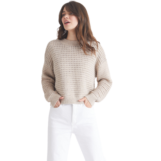 Hannahs Of Erin-Erin Ontario-525-Joanne Pullover-oatmeal Meet the Joanne Mesh Stitch Crew Neck Pullover, available in two beautiful shades: Oatmeal and Iceburg. This pullover combines modern style and comfort with its relaxed fit, drop shoulder design, and cropped length. It's also adorned with stylish ribbed detailing on the neckline, cuffs, and hem. Crafted from a blend of 54% Cotton and 46% Polyester, the Joanne Pullover is a versatile addition to your wardrobe.