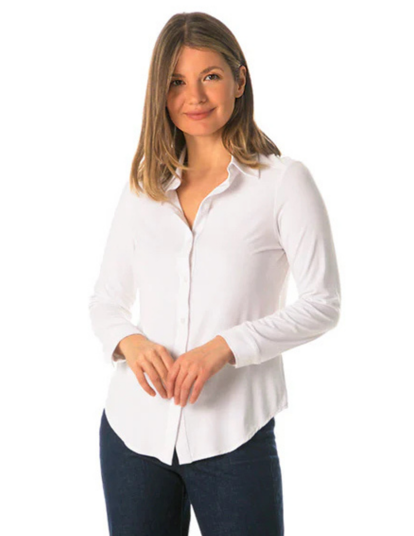 HannahsOfErin-ErinOntario-Beddome
Must-Have: Eco bamboo knit top white style 229
Style: Combines style and eco-friendliness.
Fit: Relaxed with a curved hem; flattering for all body types.
Length: Chic 26-inch center back.
Composition: 95% bamboo, 5% spandex for softness.
Versatile: Suitable for casual and dressy occasions.
Easy Pairing: Pairs well with jeans, skirts, or tailored pants.
Wardrobe Essential: A stylish addition to eco-friendly wardrobes.
