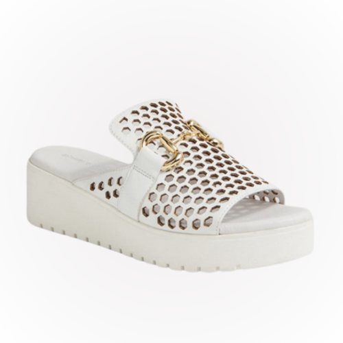 Hannahs Of Erin - Erin Ontario - Django & Juliette - Osteno Mesh Slide - Colour White  with gold accent buckle. ChatGPT Gear up for summer with Django & Juliette's leather platform slides. Meet OSTENO: the ultimate choice for chic vacation style. Perfect for lounging by the pool or beach frolicking. Opt for OSTENO slides for maximum comfort all day long. Features leather upper, leather lining, and rubber sole for durability. Cushy insoles and 2-inch heel (1 inch in the toe) for comfort and style.