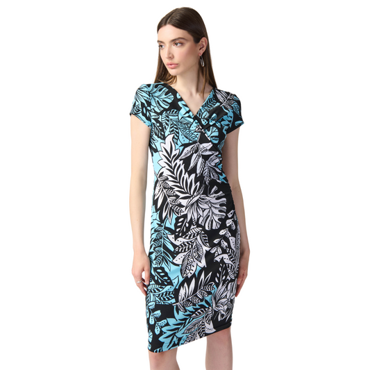 Hannahs Of Erin - Erin Ontario - Joseph Ribkoff Tropical Print Dress - 241287. Faux wrap with captivating tropical print. V neckline, short sleeves, subtle ruching, black, white, and soft turquoise hues, Knee-length for a balanced, versatile look Ideal for special occasions or daytime events, stretchy, pull on 