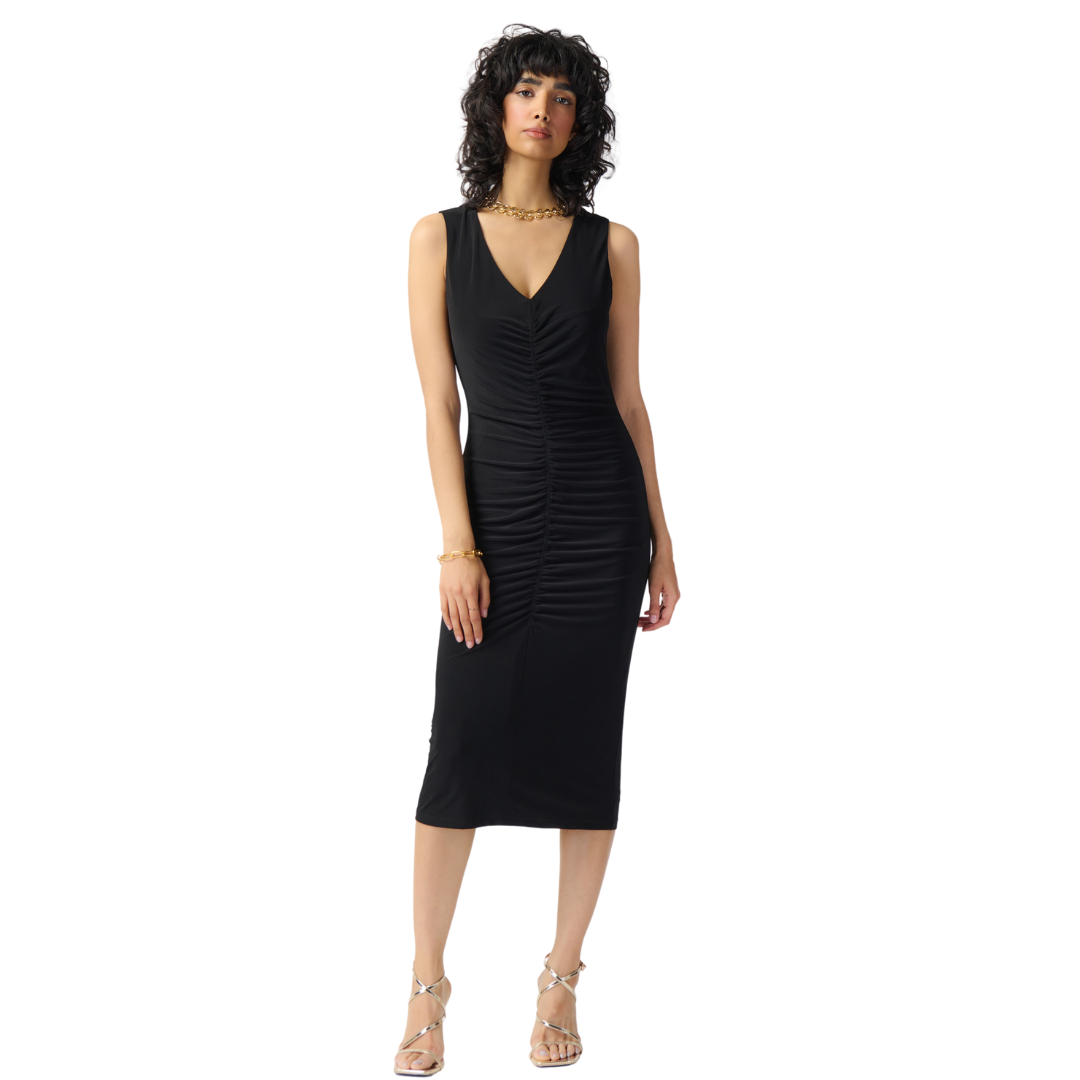Hannahs Of Erin - Erin Ontario - Joseph Ribkoff - Black Dress 241205 Joseph Ribkoff LBD 241205 Flattering V neckline Bra-friendly wide straps Midi length for a modern touch Ruching for a slimming effect Timeless and versatile Stretchy smooth jersey material Elevates confidence and sophistication. Zipper