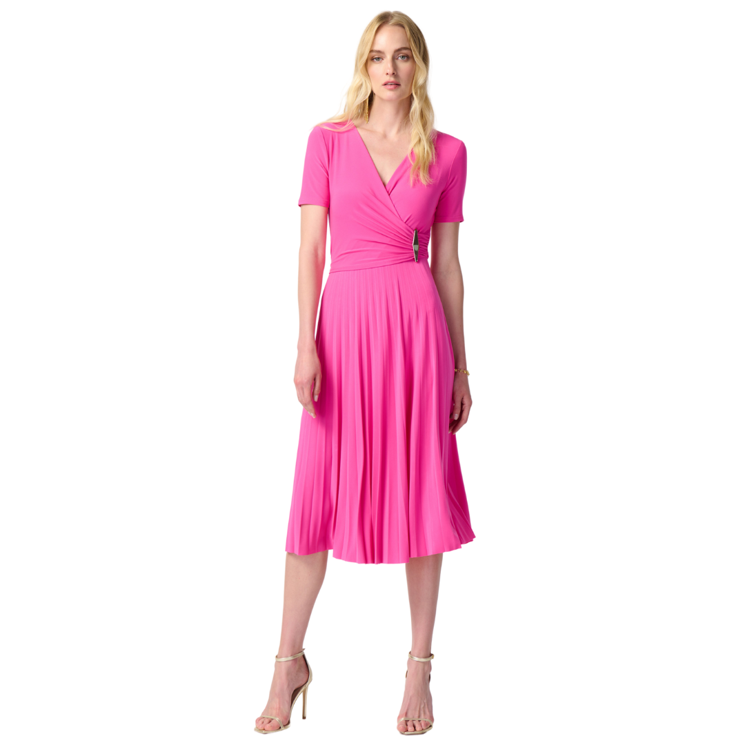 Hannahs Of Erin - Erin Ontario -Joseph Ribkoff Dress Style #241013 Pretty in pink with a radiant charm Classic wrap dress with timeless elegance Fitted bodice and short sleeves for a flattering silhouette V neckline for a touch of sophistication Pleated skirt in jersey stretch fabric Flowing A-line silhouette in a perfect midi length Versatile for various occasions Ideal for travel, whether in the Bahamas, exploring Italian markets, or attending a wedding