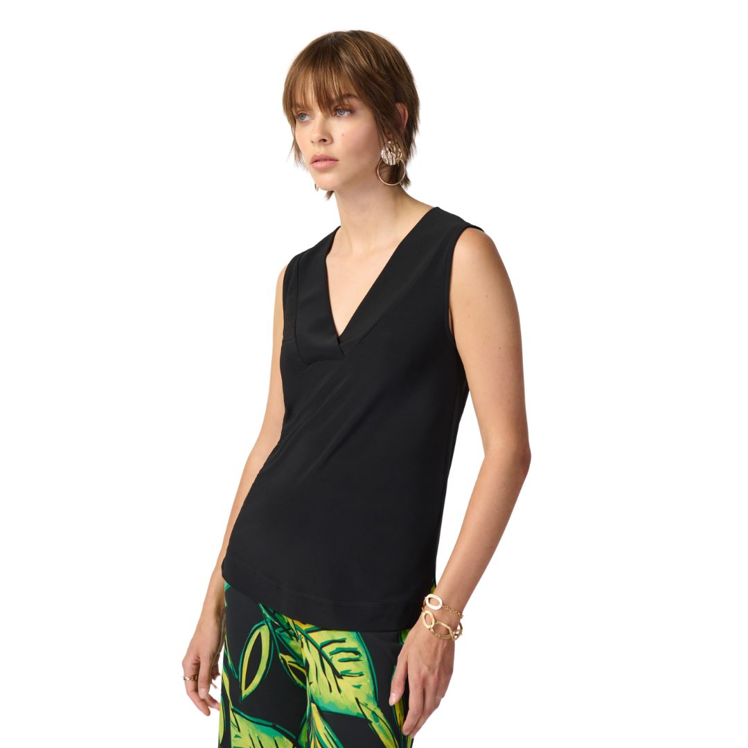 Hannahs Of Erin - Erin Ontario - Joseph Ribkoff Essential Tank Top 241239 Wide-bordered V neckline for structure Weighted wide hem for a polished look Versatile and chic Perfect for layering or dressing up Must-have for style-savvy women, col black, sleek sleeveless silhouette, jersey fabric.