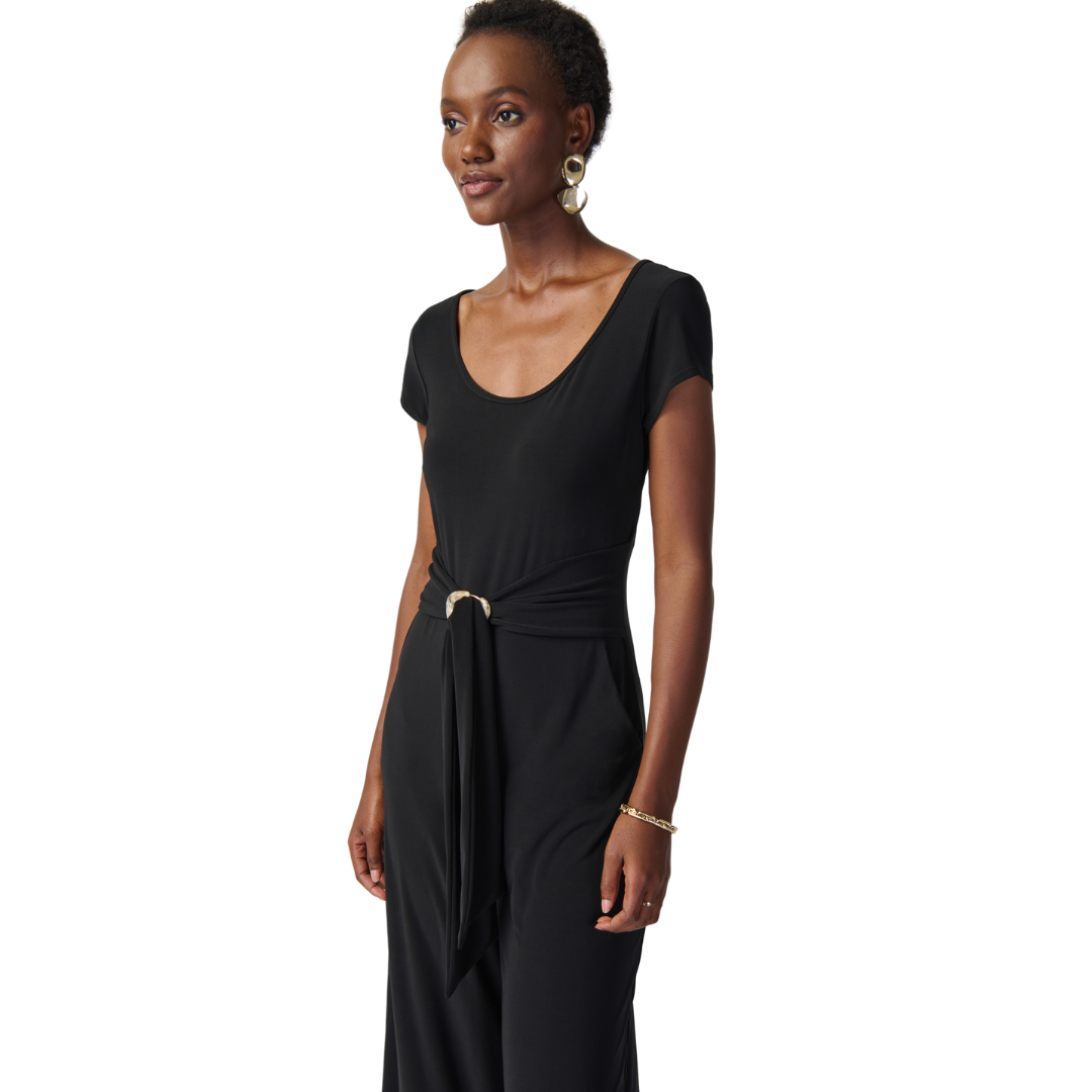 Hannahs Of Erin - Erin Ontario - Joseph Ribkoff Jumpsuit: Form-fitting tee with wide-leg cropped pants Designer: Joseph Ribkoff Belt: Fabric with stylish metal buckle for balance Neckline: Wide and round for chic style Material: Premium blend of 96% polyester, 4% spandex Comfort and elegance combined Zipper: Convenient back zipper for easy wear Silhouette: Streamlined design without pockets Timeless fashion crafted with precision. Colour Black
