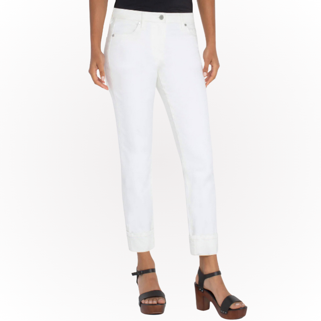 Hannahs Of Erin - Erin Ontario - Liverpool - Marley Girlfriend Jean - Colour White. Exciting news: Marley Girlfriend jeans now come in WHITE! Perfect silhouette with just the right amount of room from mid-thigh to cuffed hem. Super comfortable with amazing stretch. Off-white shade for a chic look. Features mid-rise fit, 27'' rolled or 30'' inseam, and 5-pocket styling. Single logo button closure and belt loops. 