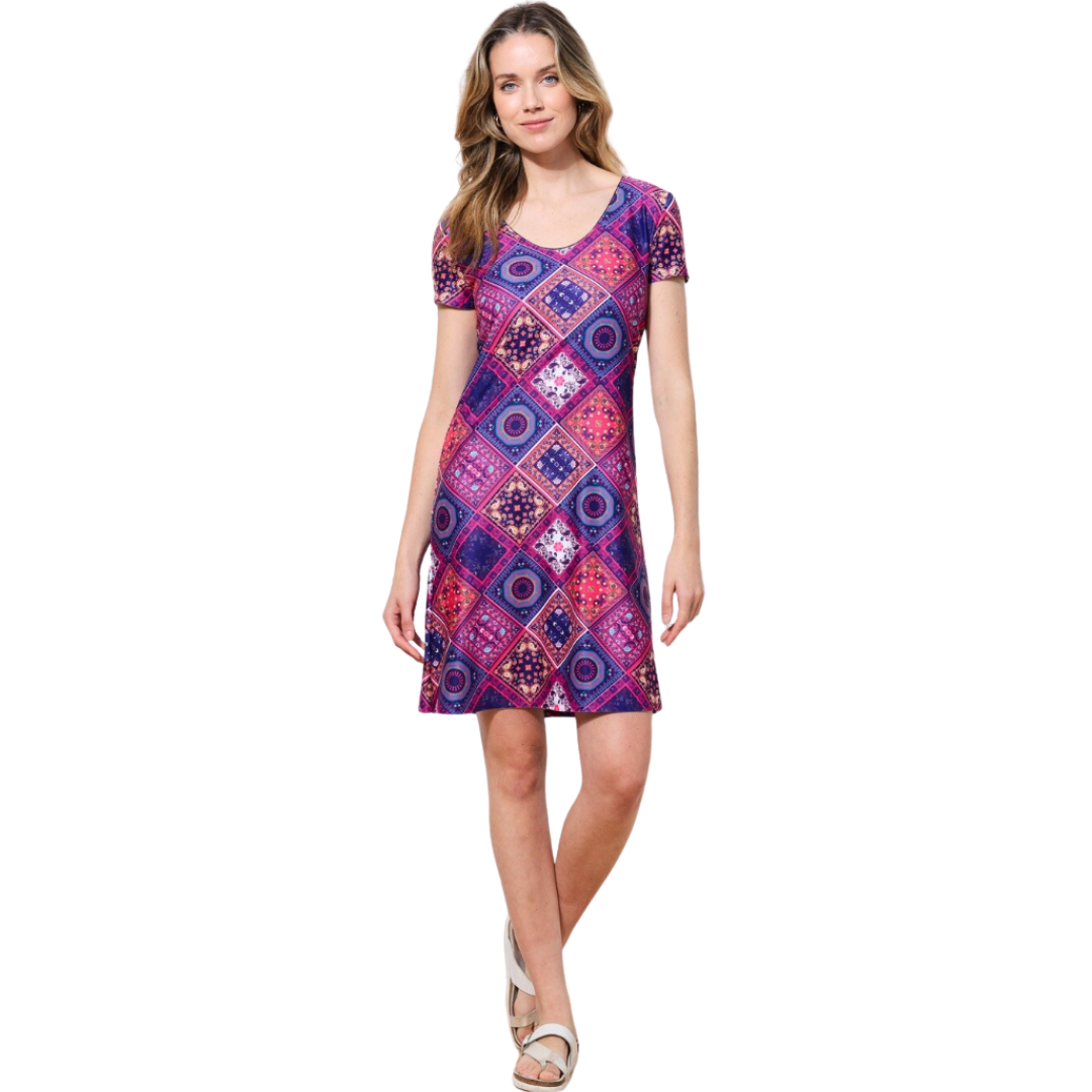 Hannahs Of Erin - Erin Ontario - Miss Versa - Cynthia Dress 49240, knee-length dress with medallion print in pink, blue, and purple Scoop neckline and short sleeves for a blend of fun, sophistication, and comfort Straight-line silhouette and scoop neckline enhance chic appeal Fabric blend: 82% micro-polyester, 18% elastane for stretchability Quick drying and UPF50+ protection (filters over 99% of UV rays) Blends style and practicality; machine washable and dryable.