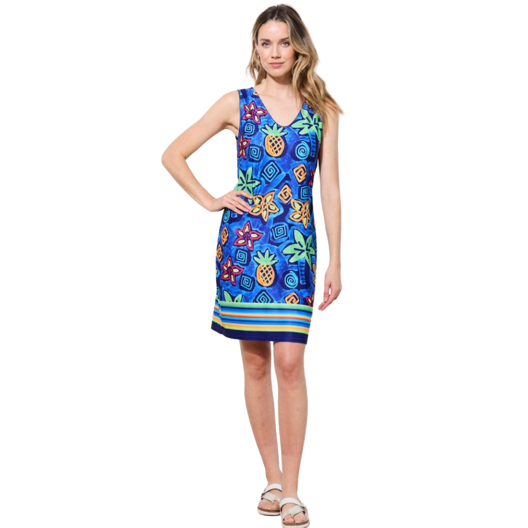 Hannahs Of Erin - Erin Ontario - Miss Versa Sofia Dress: Vibrant tropical print, Bra-friendly straps, straight-line silhouette, sleeveless, and flattering V-neckline Fabric blend: 82% micro-polyester, 18% elastane for comfort and stretchability Quick-drying functionality and UPF50+ protection Immerse yourself in tropical paradise with chic and comfortable style. Knee Length