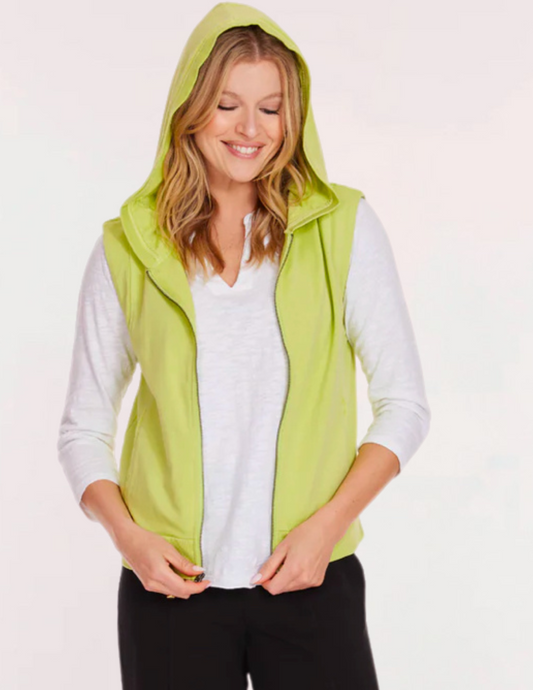 Hannahs Of Erin-Erin Ontario-Mod O Doc-SLEEVELESS ZIP HOODIE-46E-99248-LemonLimeSleeveless zip hoodie in vibrant lemon lime or electric berry color, featuring a cozy hood, full-zip front, functional pockets, and crafted from a breathable 96% cotton and 4% spandex blend; perfect for travel, layering, and pairing with Mod-O-Doc lantern pants.